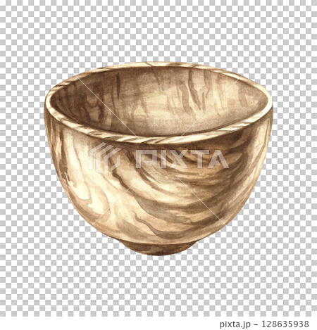 Empty wooden bowl. A hand-drawn watercolor illustration. Design element for menus, recipes, and cookbooks. For banners, flyers, packaging, labels, and more. 128635938