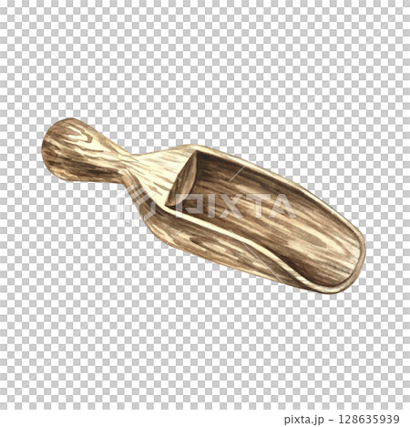 Wooden scoop for cereals and dry products. A hand-drawn watercolor illustration. Design element for menus, recipes, and cookbooks. For banners, packaging, labels, and more. 128635939
