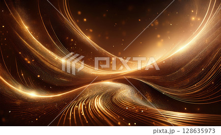 Golden light particles create mesmerizing flow on dark background, evoking sense of elegance and tranquility 128635973