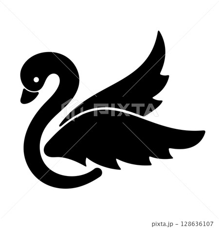 Elegant Black Swan Silhouette Vector Illustration. This striking black and white illustration features the graceful form of a swan, stylized in a smooth and flowing silhouette. 128636107