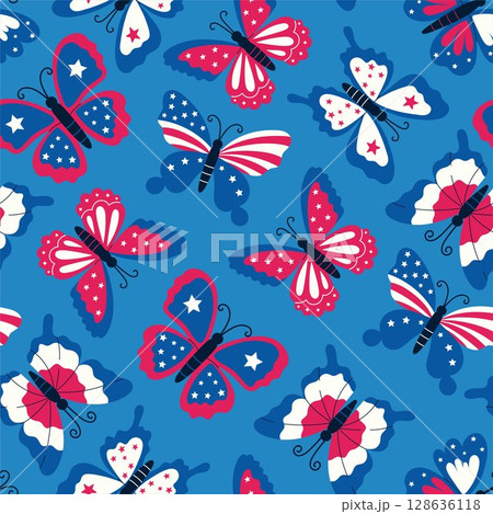 Seamless pattern with butterflies in the style of the 4th of July celebration. Vector graphics. 128636118
