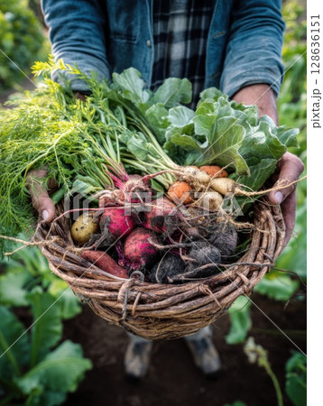 Farmer holds a basket of freshly harvested organic root vegetables, showcasing biodiversity, soil-rich farming, and colorful sustainable produce 128636151
