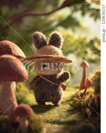 Fluffy bunny doll with straw hat stands in mossy woodland near mushrooms under soft sunlight, evoking cozy fairytale forest vibes 128636157