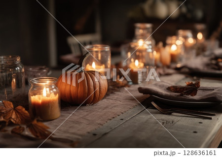 Rustic fall table with glowing candles, cozy linen, and a pumpkin centerpiece creates warm holiday atmosphere for seasonal gatherings 128636161