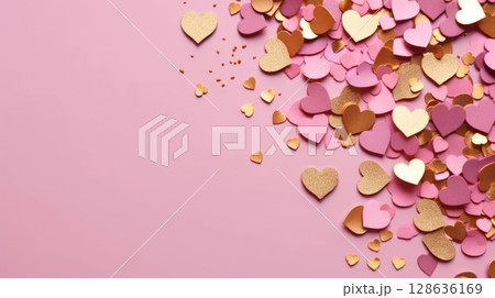 Scattered pink, gold, and copper heart confetti on pastel pink background, perfect for Valentines Day, celebration or romantic design themes 128636169
