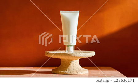 Minimalist skincare product photo showing a clean white cosmetic tube on stone pedestal with bold orange background and soft sunlight 128636171