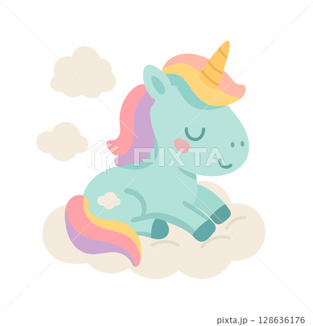 Dreamy blue unicorn with rainbow tail sleeps on a fluffy cloud in a peaceful pastel sky, ideal for bedtime illustrations and whimsical nursery prints Dreamy blue unicorn with rainbow tail sleeps on a fluffy cloud in a peaceful pastel sky, ideal for bedtime illustrations and whimsical nursery prints 128636176