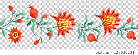 Watercolor seamless border in folk style with flowers and pomegranate fruits. ornate ornament 128636231
