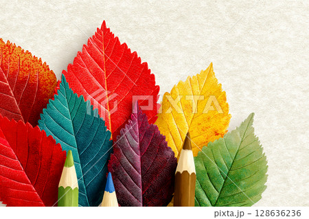 Colored pencils with autumn leaves Colored pencils with autumn leaves 128636236