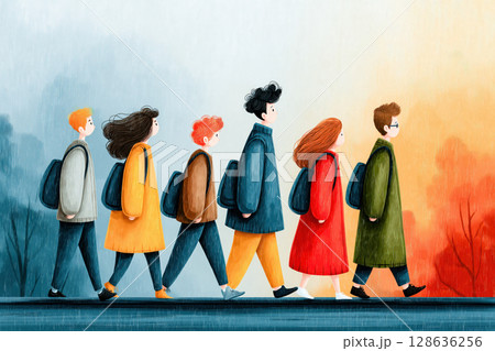 Illustration of school kids walking with backpacks, colorful illustration 128636256