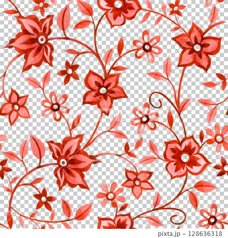 Watercolor seamless pattern in folk style with red flowers. ornate ornament 128636318