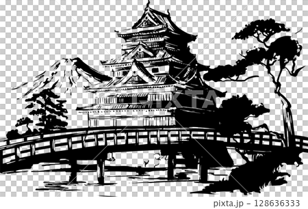 Castle, trees, mountains and bridge 128636333
