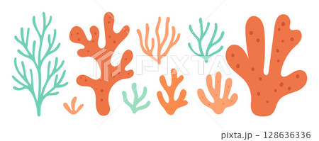 Colorful coral reef branches in orange and teal form a flat ocean plant set, ideal for sea life infographics, backgrounds, or children books 128636336