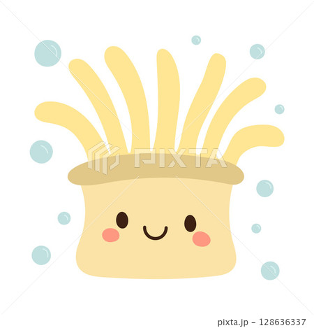 Cartoon yellow sea anemone with soft tentacles and cute face swims in bubbles, perfect for educational marine visuals and playful decor 128636337