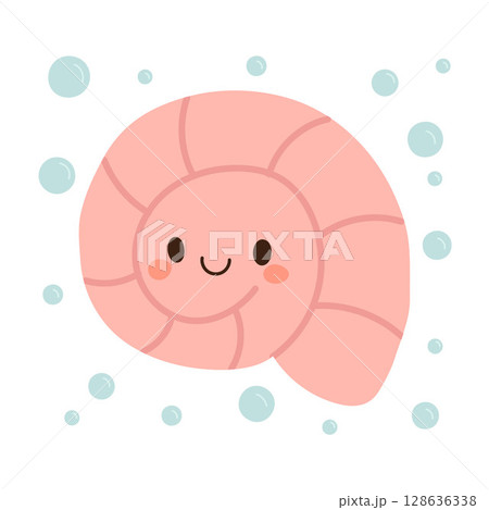 Happy pink ammonite fossil design with swirl pattern and smiling face, perfect for sea-themed kids graphics and playful ocean decor 128636338