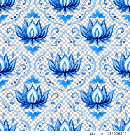 watercolor seamless pattern, damask tiles. blue vintage ornament watercolor seamless pattern, damask tiles. blue vintage ornament 128636343