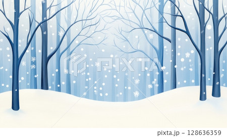 Snow-covered forest with bare blue trees and falling snowflakes on a soft white winter background 128636359