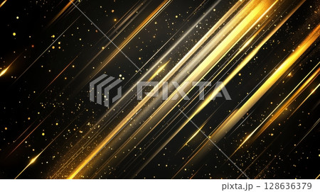 Abstract glowing golden diagonal light streaks on dark background, dynamic motion concept 128636379