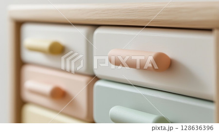 Close-up of pastel-colored drawers in modern wooden baby dresser Close-up of pastel-colored drawers in modern wooden baby dresser 128636396