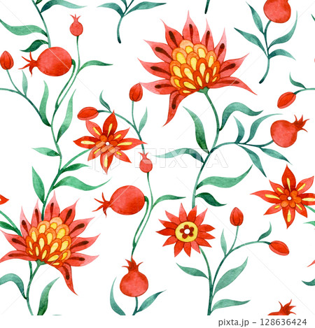 Watercolor seamless pattern in folk style with flowers and pomegranate fruits. ornate ornament Watercolor seamless pattern in folk style with flowers and pomegranate fruits. ornate ornament 128636424