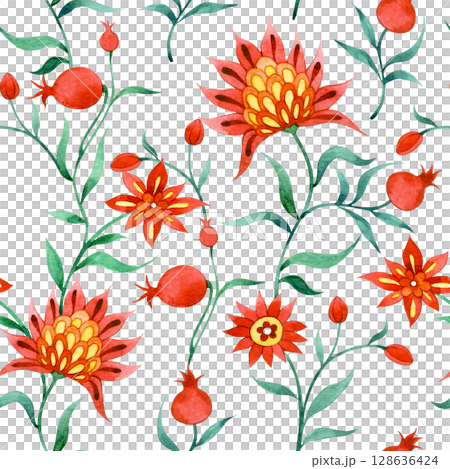 Watercolor seamless pattern in folk style with flowers and pomegranate fruits. ornate ornament 128636424