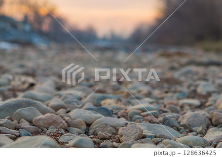 Close up natural landscape from a lower angle with a multifaceted view of a dried-up river, at the bottom of which there is no water. Blank for artwork with copy space, natural environment 128636425