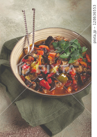 Ajapsandali, cold appetizer, vegetable stew, stewed vegetables, Caucasian cuisine, 128636553