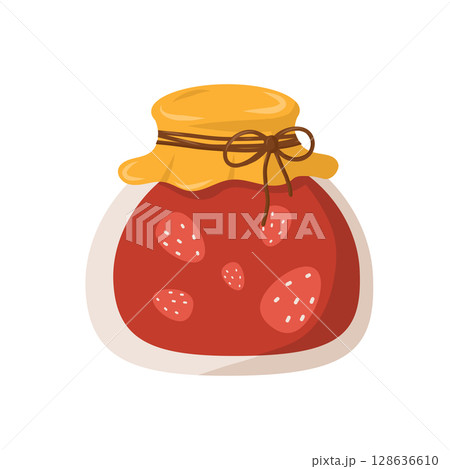 Homemade strawberry jam with bow and lid. Autumn food, cozy harvest, seasonal preserves, cartoon fall illustration Homemade strawberry jam with bow and lid. Autumn food, cozy harvest, seasonal preserves, cartoon fall illustration 128636610