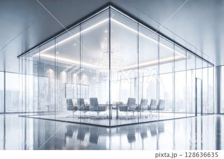 Modern glass conference room with elegant design and panoramic city view for professional meetings 128636635