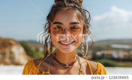 Young woman smiling in stylish sunglasses with bohemian accessories against a sunny backdrop Young woman smiling in stylish sunglasses with bohemian accessories against a sunny backdrop 128636665
