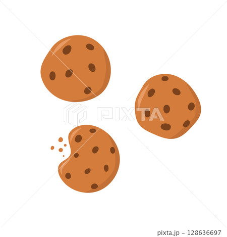 Set of different types of cookies. Chocolate chip biscuit, whole grain cookies. Vector cartoon flat illustration. 128636697