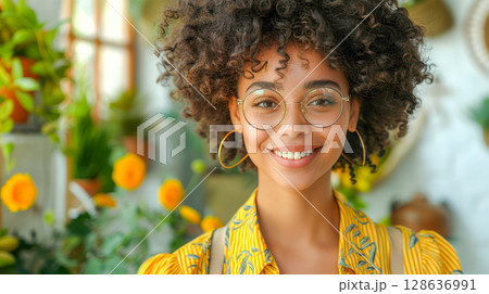 Smiling woman with curly hair wearing glasses in a vibrant floral environment with bright colors 128636991