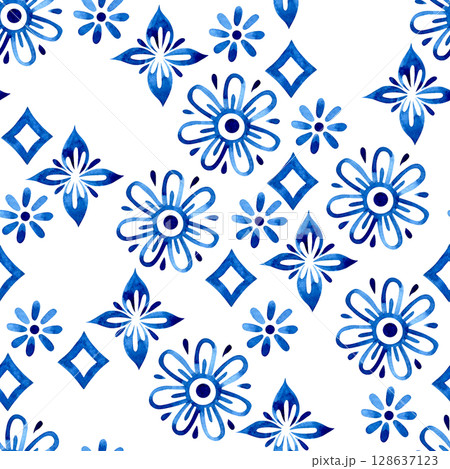 watercolor seamless pattern, damask tiles. blue geometric ornaments, patchwork 128637123