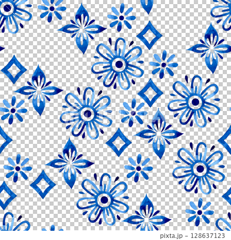 watercolor seamless pattern, damask tiles. blue geometric ornaments, patchwork 128637123
