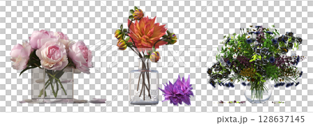 decorative flowers and plants for the interior, isolated on transparent background, 3D illustration, cg render decorative flowers and plants for the interior, isolated on transparent background, 3D illustration, cg render 128637145