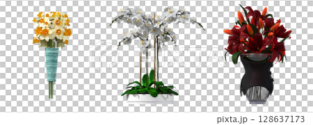 decorative flowers and plants for the interior, isolated on transparent background, 3D illustration, cg render 128637173