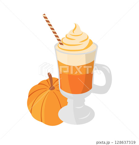 Harvest season vector illustration with glass of pumpkin spice latte, waffle cones, pumpkin in flat style. Autumn art for creative projects, menu for cafe Harvest season vector illustration with glass of pumpkin spice latte, waffle cones, pumpkin in flat style. Autumn art for creative projects, menu for cafe 128637319