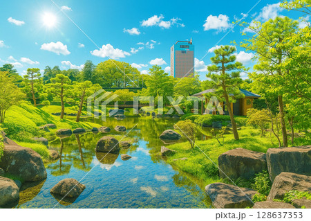 若葉と新緑の臨江閣の庭園より群馬県庁を望む 128637353