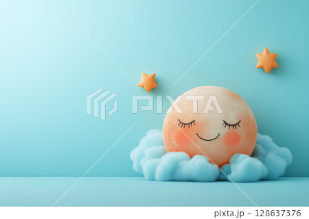 3d rendering of a cute, smiling moon on fluffy clouds with stars in pastel blue sky, for world sleep day promotion 128637376