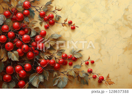 Oil painting depicting bunches of glossy red berries hanging from a leafy branch against a textured golden background, evoking a sense of autumnal abundance copy space 128637388