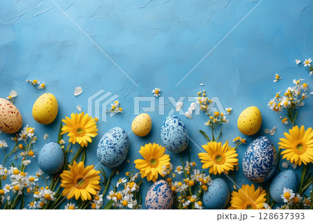 Easter festive table arrangement blue yellow colorful eggs and spring flowers copy space 128637393