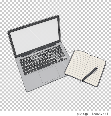 筆記型電腦和筆記本的簡單插圖（學習、工作、在家工作） 128637441