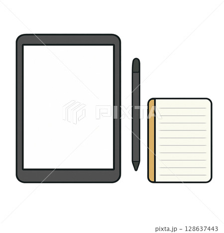 タブレットとスタイラスペンとノートのイラスト素材（デジタルメモ・手書き・学習） 128637443
