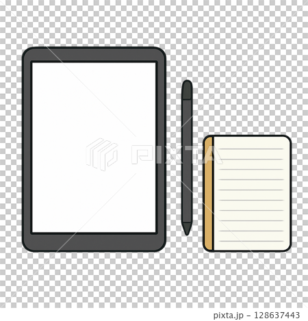 タブレットとスタイラスペンとノートのイラスト素材（デジタルメモ・手書き・学習） 128637443