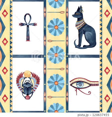 Egyptian seamless pattern with Bastet, Scarab beetle, eye of Horus, Ankh. Ancient vertical ornament with geometric patterns, sacred lotus. Watercolor isolated illustration. Religion icon for souvenir 128637455