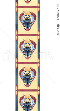 Scarab beetle seamless border. Ancient Egyptian vertical ornament, symbols, geometric patterns. Watercolor isolated illustration. Religion icon culture concept for textile, decorative items, souvenir 128637456