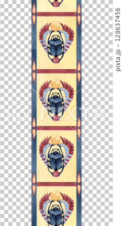 Scarab beetle seamless border. Ancient Egyptian vertical ornament, symbols, geometric patterns. Watercolor isolated illustration. Religion icon culture concept for textile, decorative items, souvenir 128637456