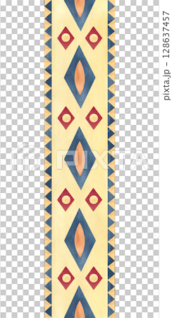 Ancient ethnic ornament seamless border, folklore geometric shapes, figures. Abstract vertical lines. Watercolor isolated illustration. Clip art for textile, packaging, souvenirs, stationery, fabric 128637457