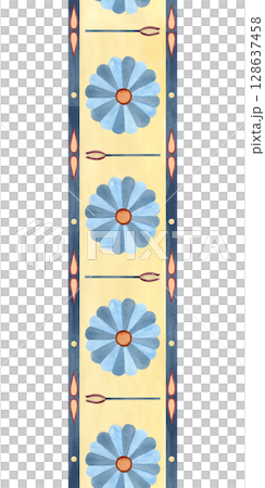 Abstract lotus ornament seamless border. Ancient Egyptian vertical symbols, geometric patterns. Watercolor isolated illustration. Ethnic culture concept for textile, decorative items, stationery 128637458