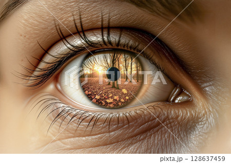 Macro of a human eye reflecting an autumn forest, a vision concept. AI generated. Macro of a human eye reflecting an autumn forest, a vision concept. AI generated. 128637459